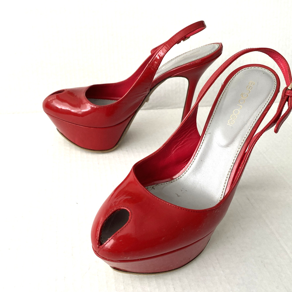 Sergio Rossi Pump Cachet Red Peep Patent Leather Platform Slingback Slim… - Picture 5 of 12